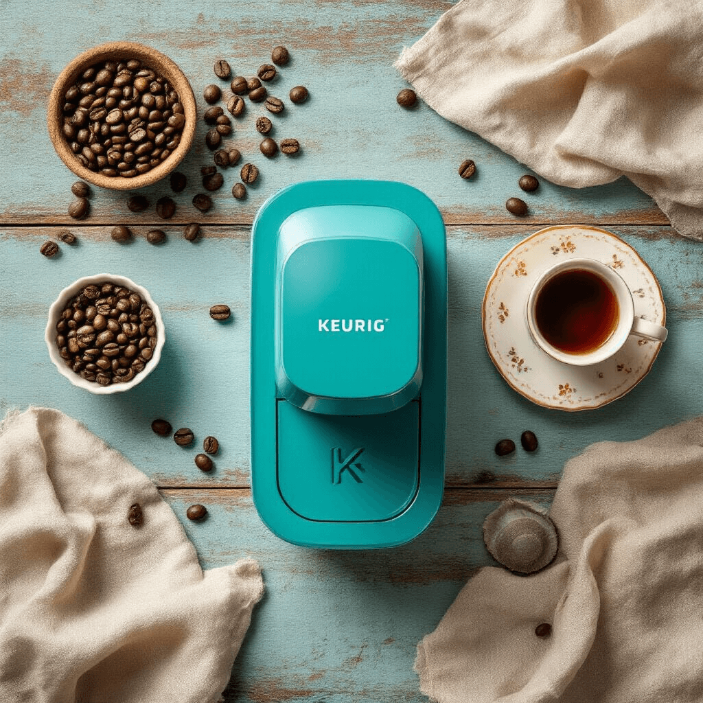 Keurig Coffee Makers on Sale: Where to Find the Best Deals Right Now Overhead view of a vibrant teal Keurig K-Mini surrounded by freshly ground coffee beans, reusable K-Cup filters, and a delicate porcelain espresso cup on a reclaimed wood surface, with soft linen napkins and morning light casting gentle shadows.