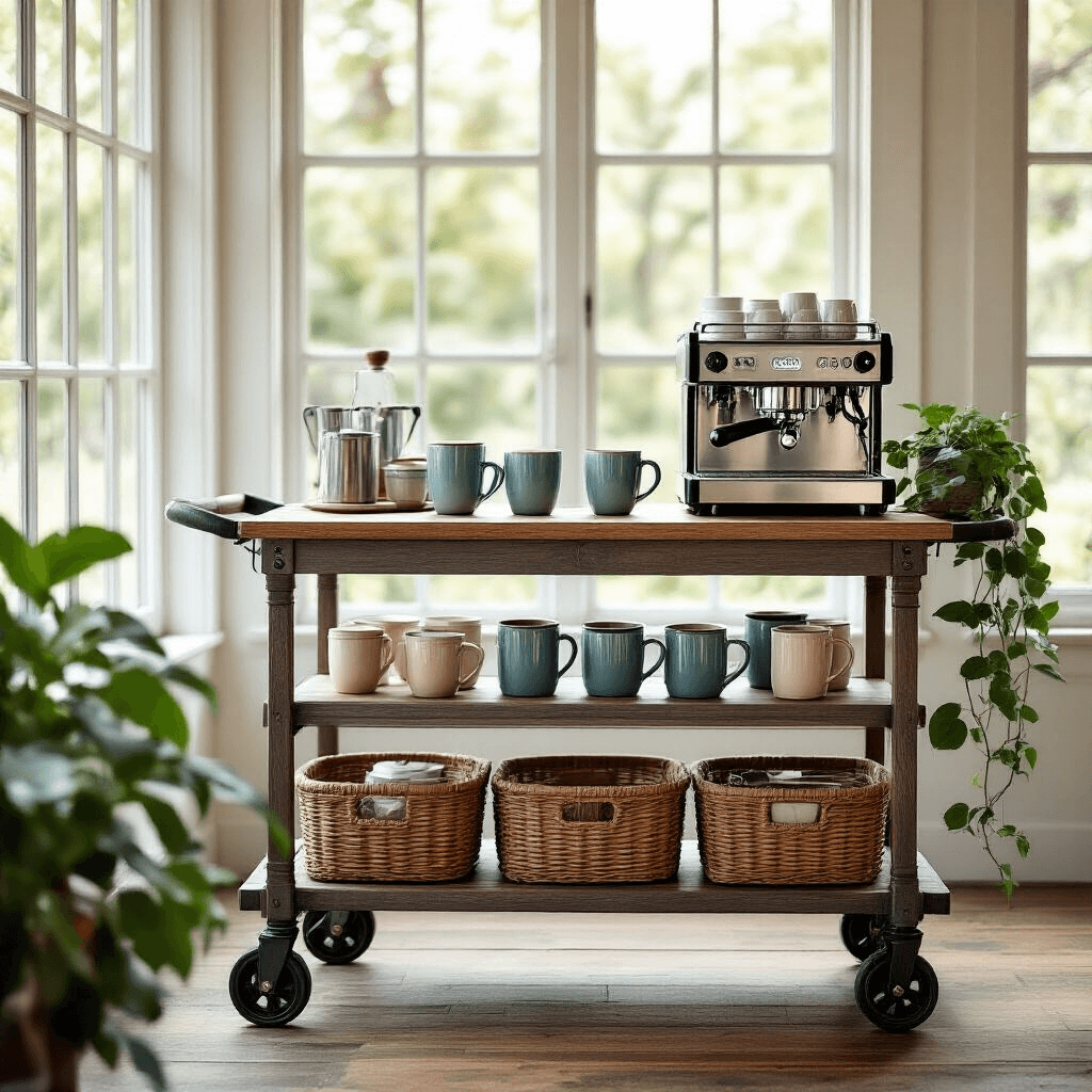 Creating a small coffee bar A vintage-inspired rolling bar cart serving as a mobile coffee station, featuring a compact espresso machine, matching ceramic containers, artisan mugs in dusty blue and cream, woven baskets for storage, and a trailing pothos plant, all illuminated by soft natural light from large windows.