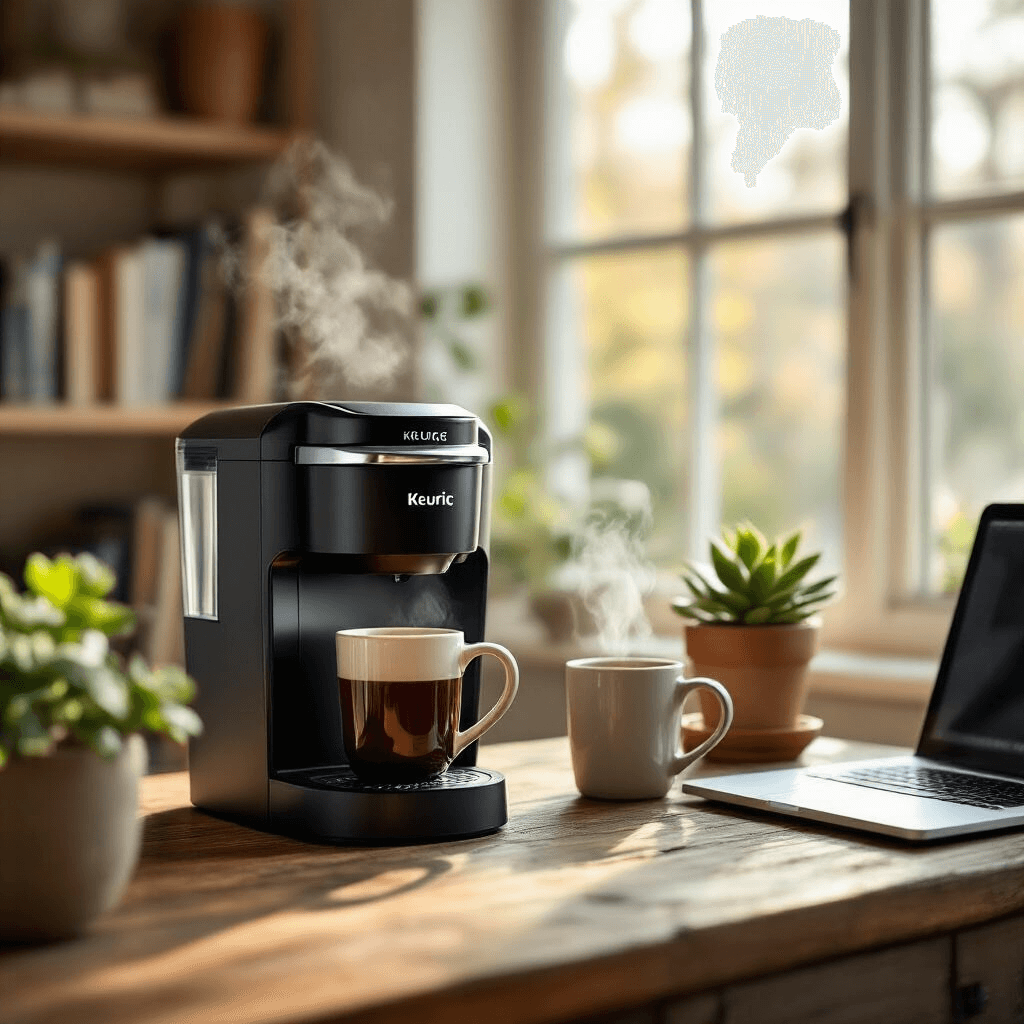 Keurig Coffee Makers on Sale: Where to Find the Best Deals Right Now A cozy home office with a Keurig K-Select coffee maker on a rustic wooden desk, large windows letting in soft light, a steaming mug, an open laptop, and a potted succulent, framed by blurred bookshelves and morning sunlight.