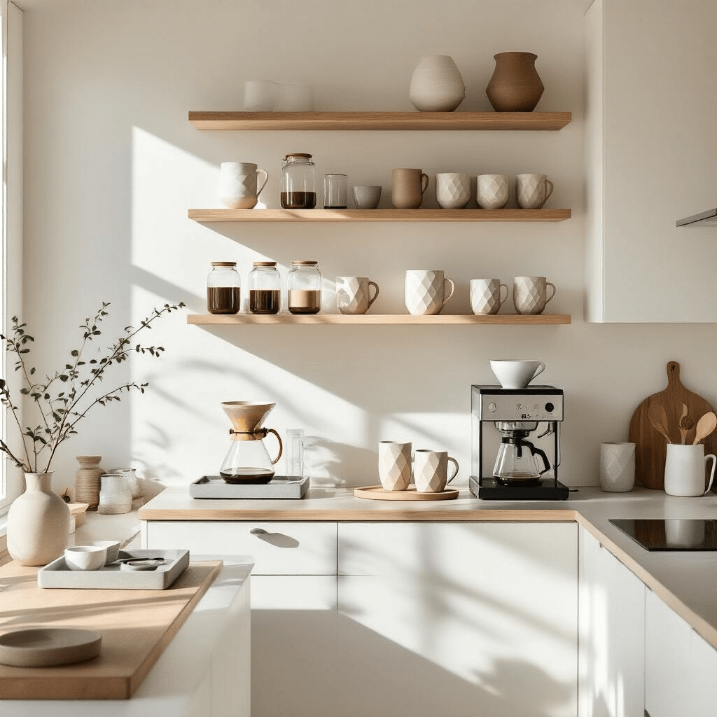 Creating a small coffee bar A minimalist Scandinavian coffee bar in a bright kitchen, featuring white surfaces, natural wood accents, open shelving with curated coffee accessories, and neutral-toned ceramic mugs, all illuminated by soft natural light.