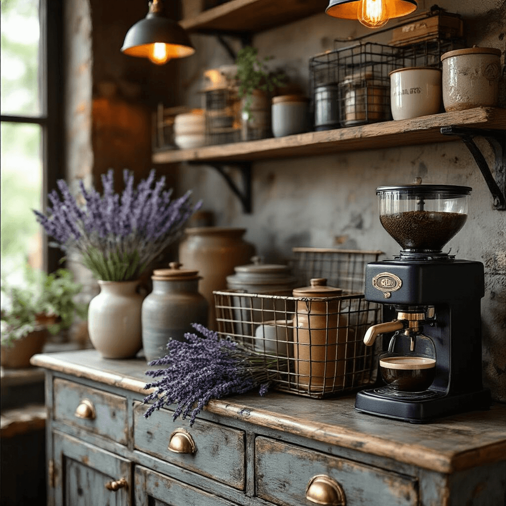Creating a small coffee bar An eclectic coffee corner showcasing a distressed wood sideboard with brass hardware, industrial wire basket storage, mid-century modern ceramic containers, and a matte black manual coffee grinder, complemented by dried lavender and fresh eucalyptus, illuminated by warm pendant lighting.