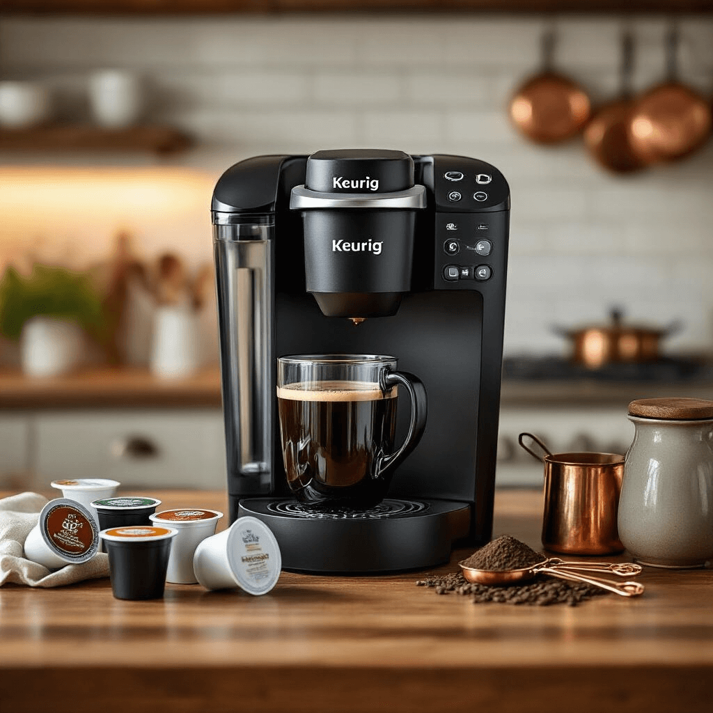 Keurig Coffee Makers on Sale: Where to Find the Best Deals Right Now A close-up view of a Keurig K-Duo on a farmhouse kitchen counter, featuring its single-serve and carafe brewing sides, surrounded by assorted K-Cups, fresh ground coffee in a ceramic container, and vintage copper measuring spoons, with soft ambient lighting and a backdrop of subway tiles and hanging copper cookware.