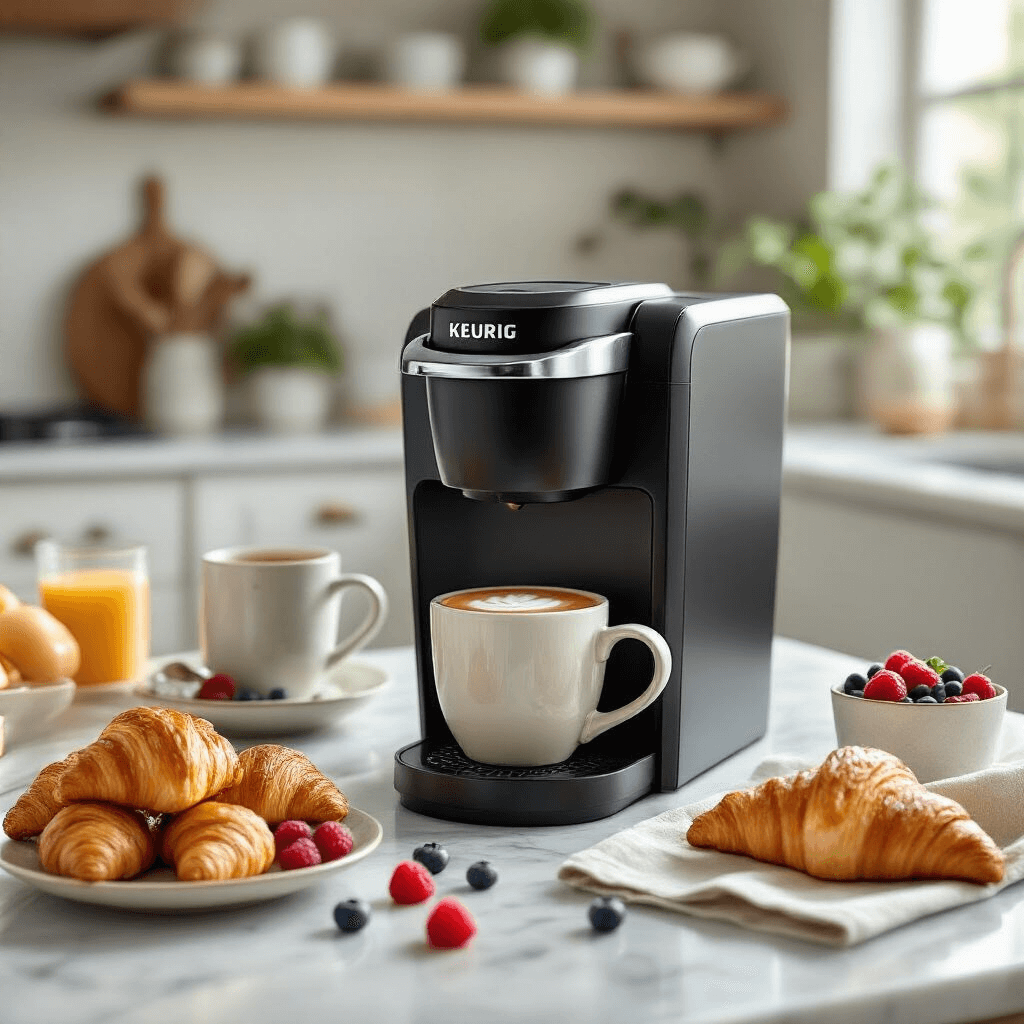 Keurig Coffee Makers on Sale: Where to Find the Best Deals Right Now An elegant kitchen scene featuring a Keurig K-Express Essentials Plus on a marble island, accompanied by a latte in a ceramic mug, croissants, fresh berries, and a linen napkin, all bathed in soft natural light.