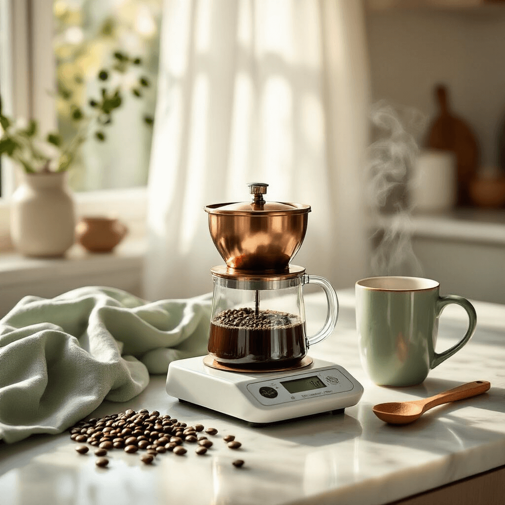 How to Make the Perfect French Press Coffee (Without the Pretentious Nonsense) A modern kitchen scene featuring a marble countertop with a copper burr grinder, digital scale and fresh coffee beans. A glass French press sits alongside scattered coffee beans and a wooden spoon, with a steaming ceramic mug. Soft sage green linen towels and warm sunlight create an inviting atmosphere.