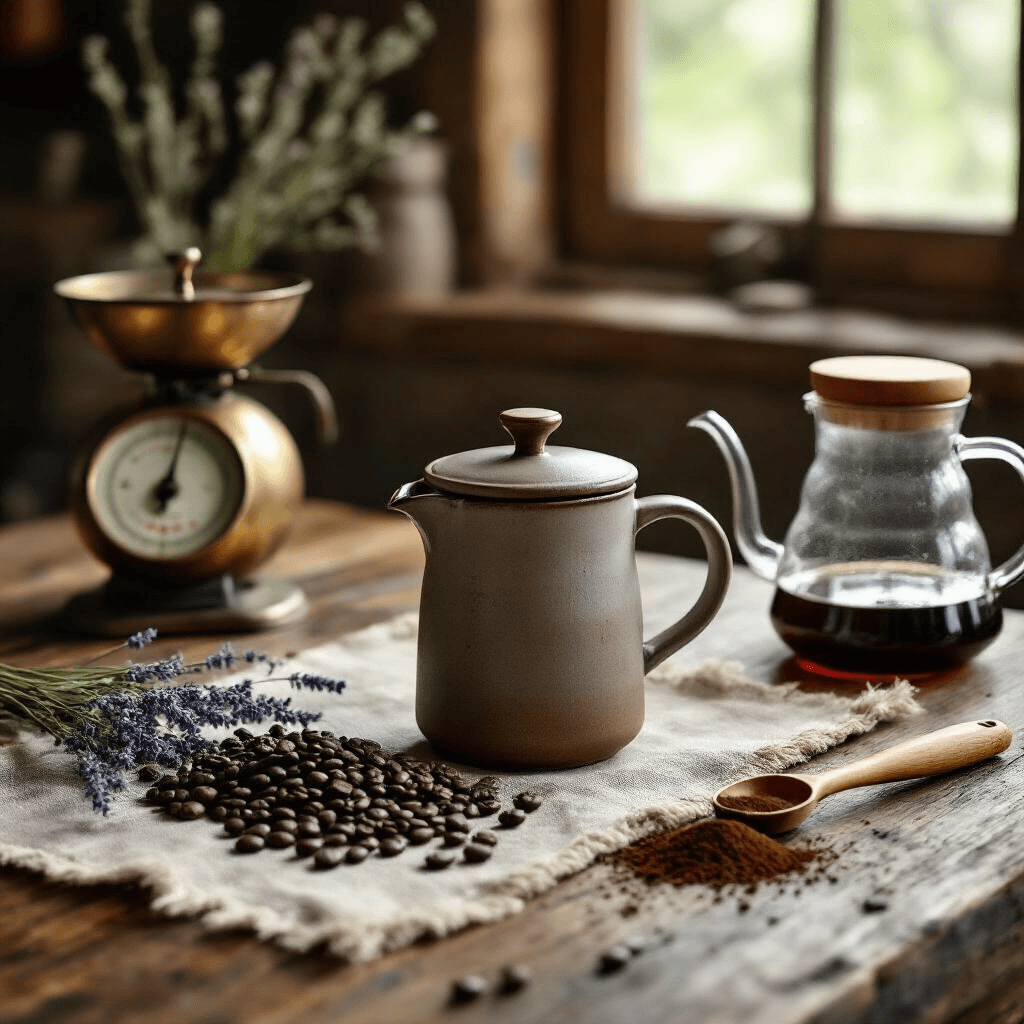 How to Make the Perfect French Press Coffee (Without the Pretentious Nonsense) A rustic coffee scene featuring a ceramic French press, artisan-roasted coffee beans, a vintage brass scale, and a hand-blown glass kettle on a weathered wooden table, illuminated by soft morning light, with coarsely ground coffee and a sprig of dried lavender nearby.