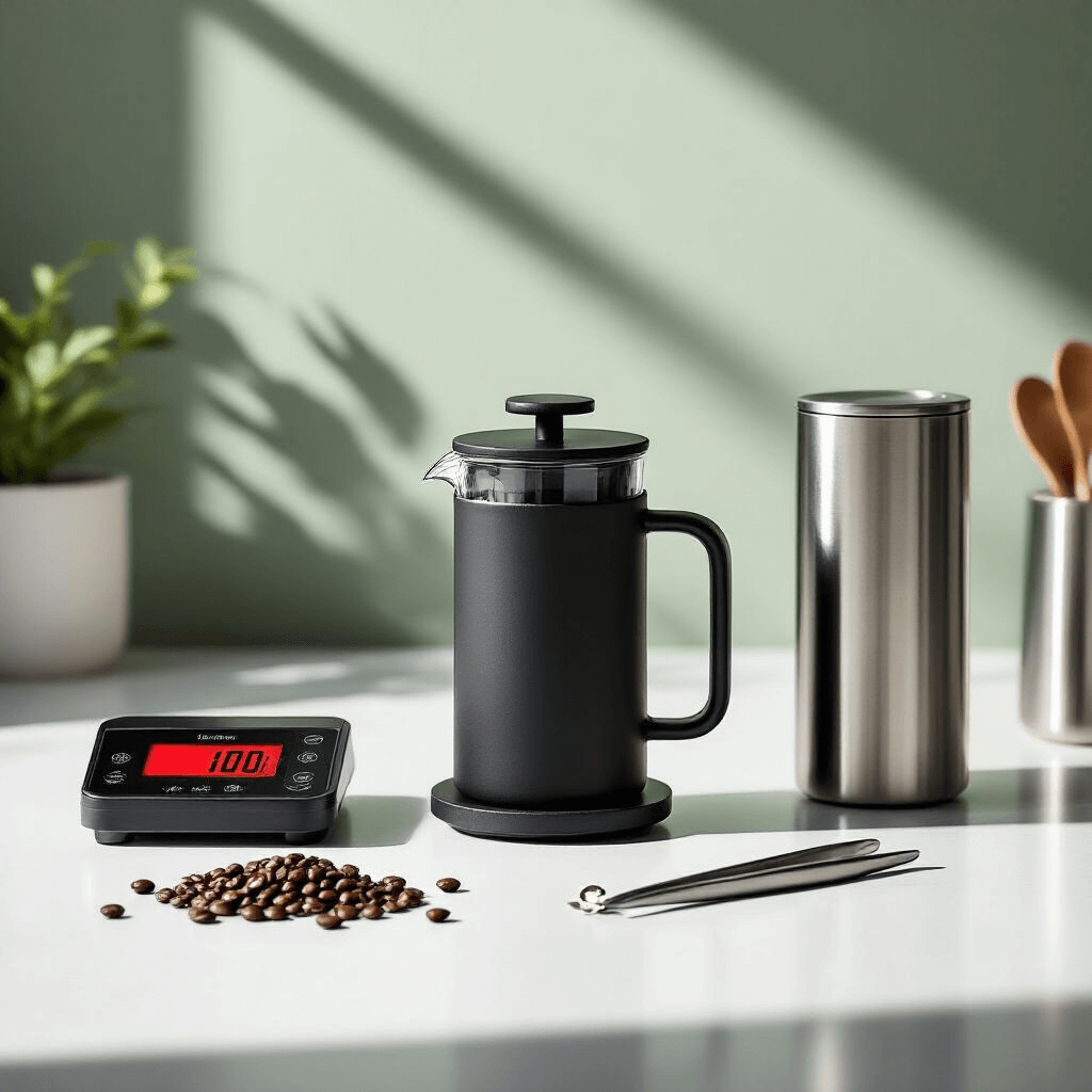 How to Make the Perfect French Press Coffee (Without the Pretentious Nonsense) A minimalist coffee preparation setup featuring a matte black French press on a white surface, surrounded by a digital scale, a steel coffee grinder, and measured coffee beans, with tweezers adjusting the grounds in soft, diffused lighting and subtle sage green and dove gray background tones.
