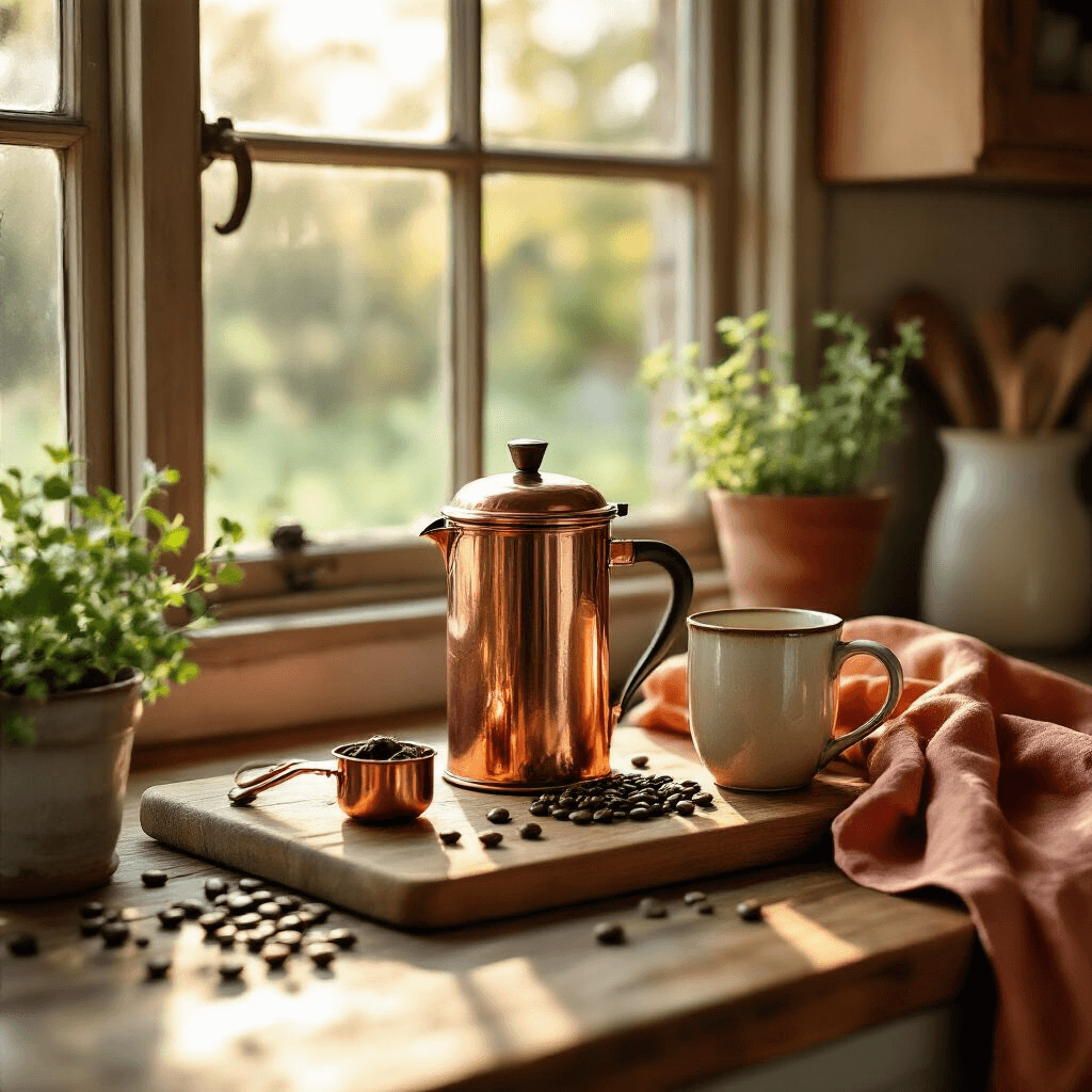 How to Make the Perfect French Press Coffee (Without the Pretentious Nonsense) A sunlit farmhouse kitchen scene featuring a vintage copper French press on a wooden cutting board, surrounded by coffee beans, a copper measuring scoop, and a cream-colored ceramic mug, with soft morning light illuminating the rich wood and a nearby terracotta linen towel and potted herb.