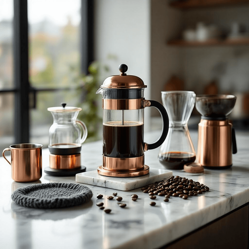 How to Make the Perfect French Press Coffee (Without the Pretentious Nonsense) A stylish coffee preparation scene featuring a French press on a marble countertop, surrounded by copper and steel coffee tools, freshly roasted coffee beans, a wool coaster, and soft natural light from floor-to-ceiling windows.