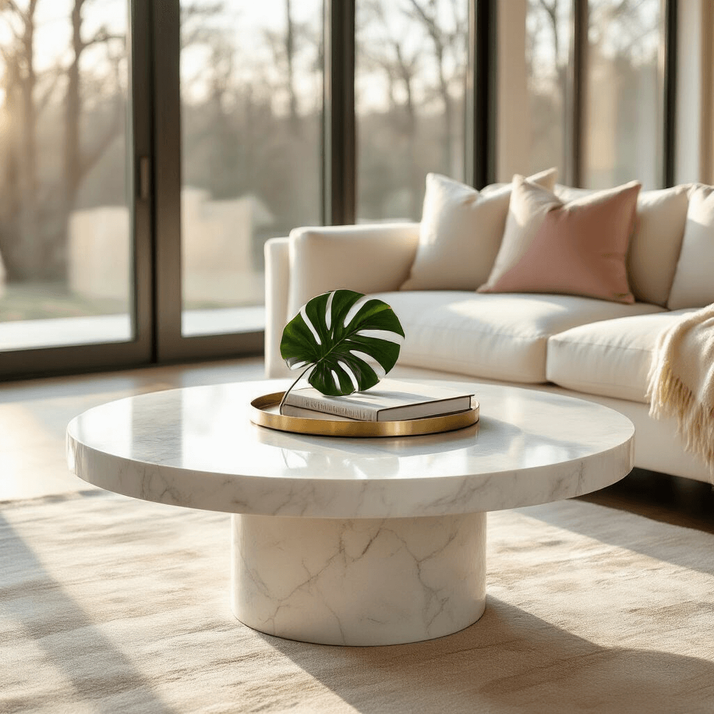 How to Choose the Perfect White Coffee Table That Actually Works in Your Space A bright living room featuring a white round marble coffee table with a monstera leaf and art book on a brass tray, illuminated by golden hour sunlight through floor-to-ceiling windows, accompanied by a plush ivory sofa and soft area rug.