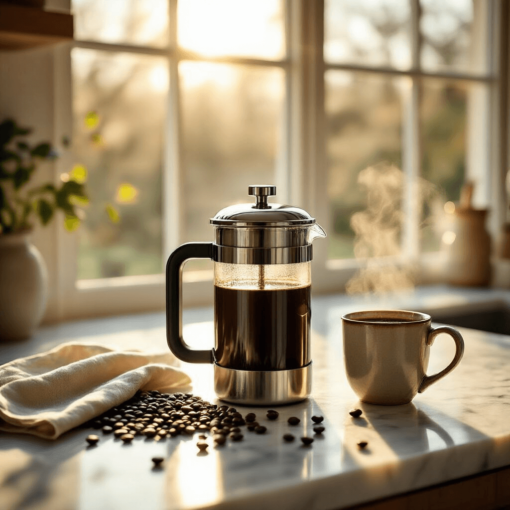 The French Press That'll Actually Keep Your Coffee Hot (And Taste Amazing) A luxurious morning coffee scene with a stainless steel Secura French press on a marble counter, golden sunlight illuminating scattered coffee beans and a ceramic mug filled with dark roast coffee, soft shadows enhancing the warm minimalist aesthetic, steam rising from the freshly brewed coffee.