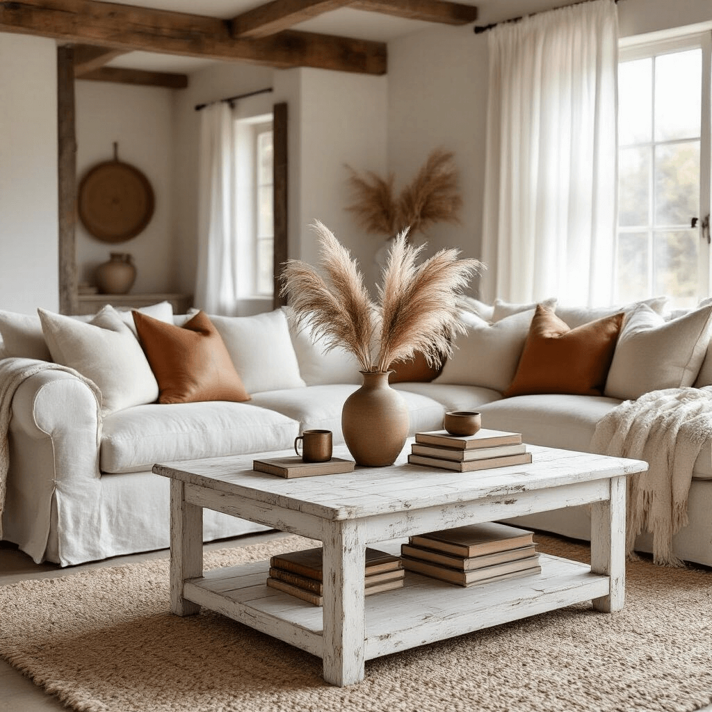 How to Choose the Perfect White Coffee Table That Actually Works in Your Space Rustic white wooden coffee table with distressed finish in a cozy farmhouse living space, featuring a textured linen sectional sofa, warm terracotta and cream colors, vintage leather-bound books, a ceramic vase with dried pampas grass, and a small brass candle holder, all bathed in soft morning light filtering through sheer white curtains.