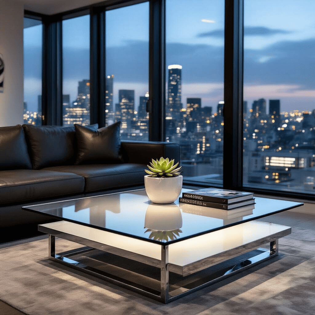 How to Choose the Perfect White Coffee Table That Actually Works in Your Space A modern glass and white metal coffee table in a minimalist apartment, featuring a floor-to-ceiling city view with evening lighting, a geometric glass surface reflecting city lights, a chrome base, a single succulent in a ceramic pot, an art photography book, a charcoal grey leather sectional with metallic accent cushions, and a focus on reflective surfaces and clean lines.