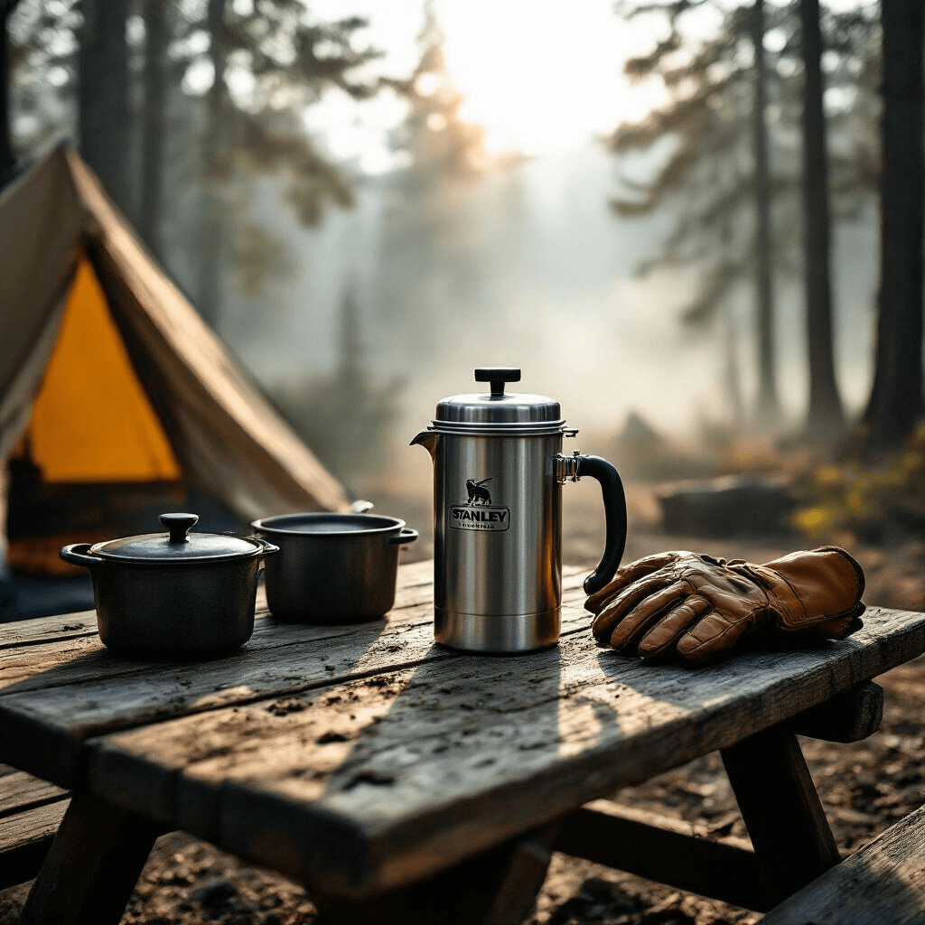 The French Press That'll Actually Keep Your Coffee Hot (And Taste Amazing) A rugged camping scene featuring a Stanley Classic French press on a rustic wooden picnic table, surrounded by cast iron cookware and worn leather gloves, set against a misty forest backdrop with sunlight filtering through pine trees, evoking a sense of adventure and wilderness.