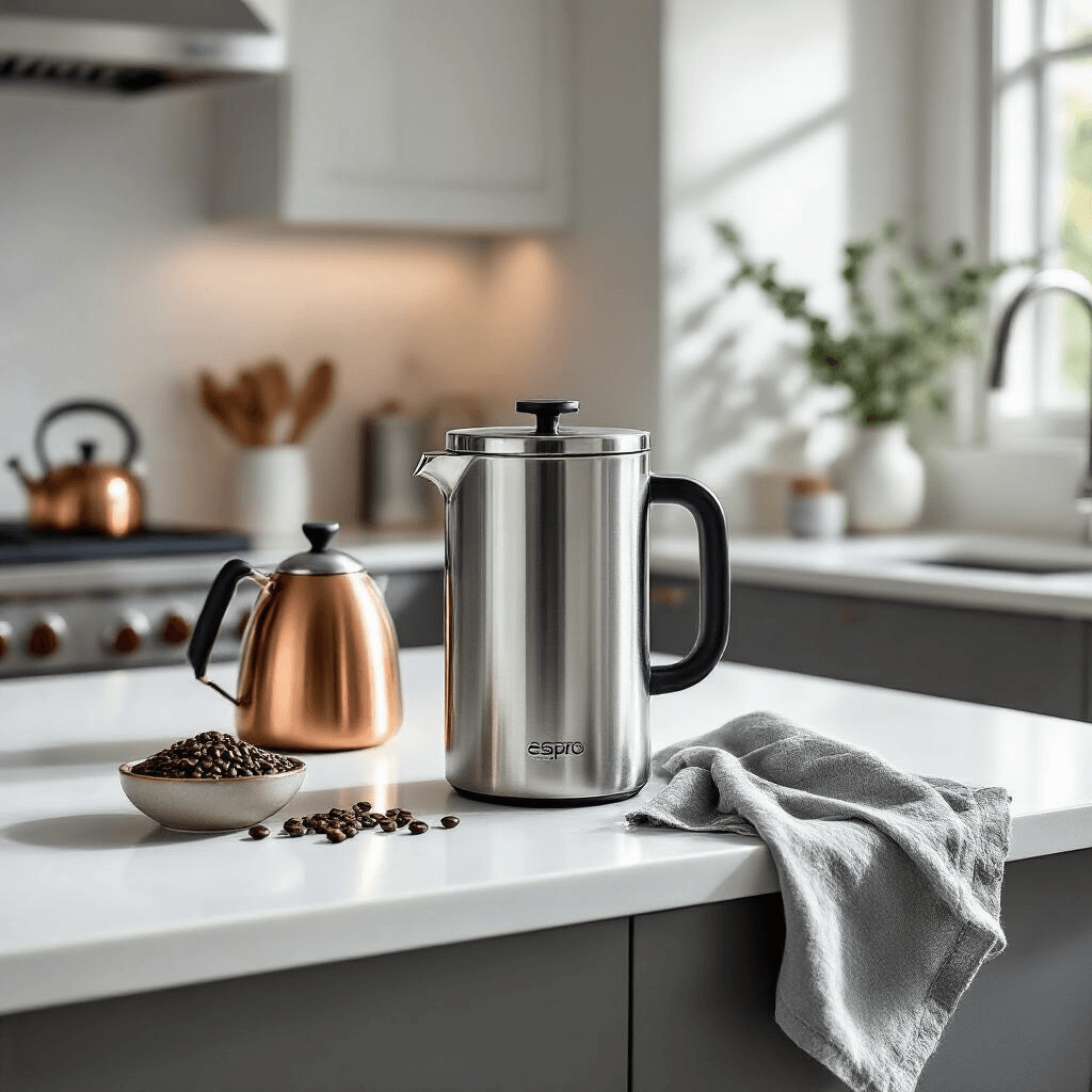The French Press That'll Actually Keep Your Coffee Hot (And Taste Amazing) An elegant kitchen scene featuring an ESPRO P7 French press on a white island, complemented by a copper kettle, ground coffee beans in a ceramic dish, and a gray linen towel, with modern stainless steel appliances in the background and dramatic side lighting highlighting the French press's dual micro-filter system.