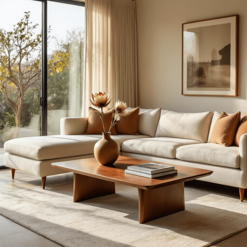 Why Your Living Room Needs a Mid-Century Modern Coffee Table (And How to Choose One That Actually Works) A mid-century modern living room with a walnut coffee table and a cream sectional sofa, bathed in golden hour light, featuring a vintage vase with a dried protea flower and an art book, accented with terracotta and sage green elements.