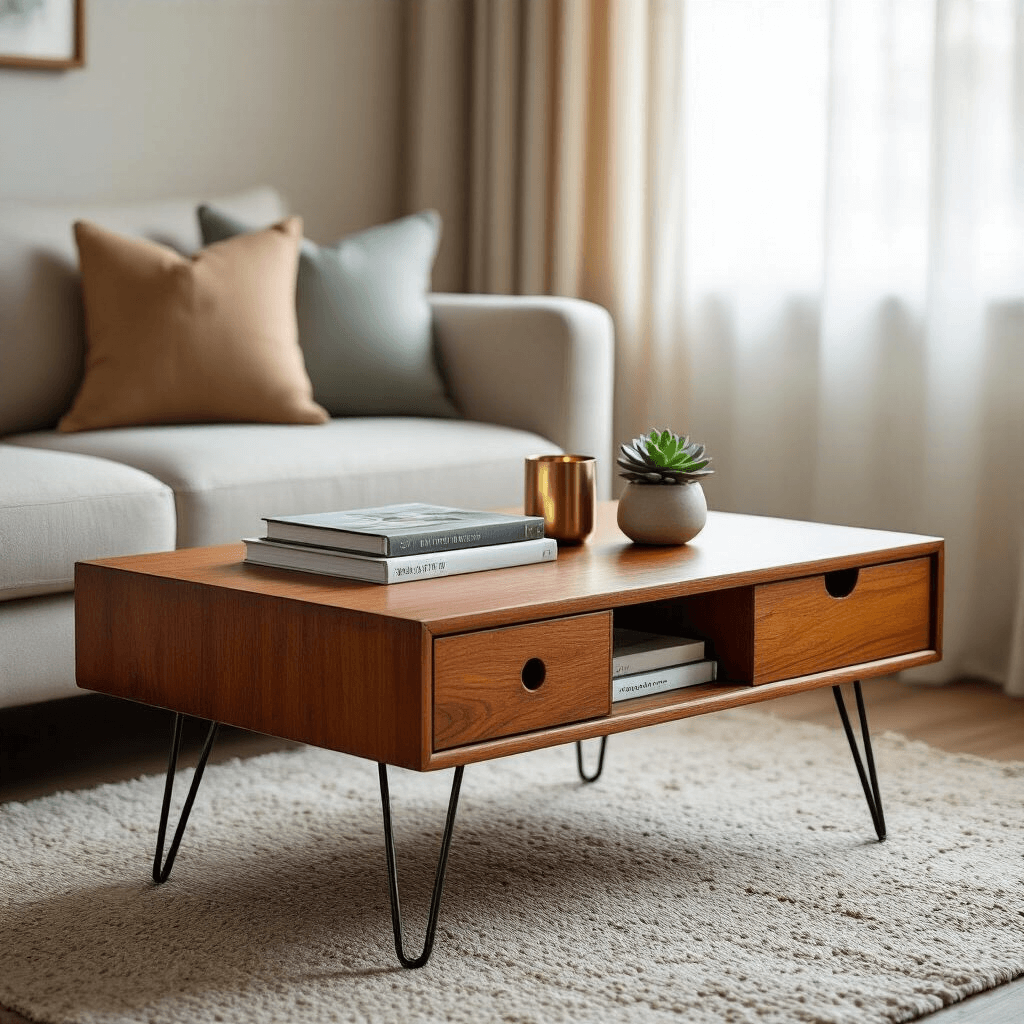 Why Your Living Room Needs a Mid-Century Modern Coffee Table (And How to Choose One That Actually Works) Cozy apartment living space featuring a teak mid-century coffee table with a storage drawer, illuminated by soft morning light through sheer linen curtains, styled with design books, a brass candle holder, and a succulent on a neutral area rug.