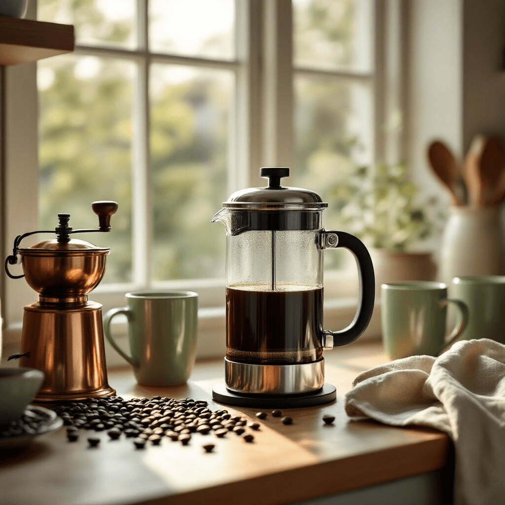 The Ultimate Guide to No Plastic Coffee Makers: Brewing Pure, Chemical-Free Coffee at Home A minimalist kitchen counter featuring a polished borosilicate glass French press and stainless steel plunger, surrounded by whole coffee beans, a vintage copper burr grinder, sage green ceramic mugs, and a natural linen towel, all illuminated by soft morning light creating warm shadows and highlighting textures.