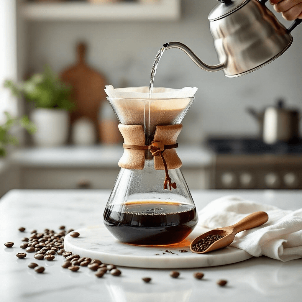 The Ultimate Guide to No Plastic Coffee Makers: Brewing Pure, Chemical-Free Coffee at Home Elegant flat lay of a Chemex glass coffee maker on a white marble countertop, with a precision pour-over in progress, surrounded by artisan coffee beans, a wooden coffee scoop, and a white linen napkin, all illuminated by soft natural light against a blurred modern kitchen backdrop.