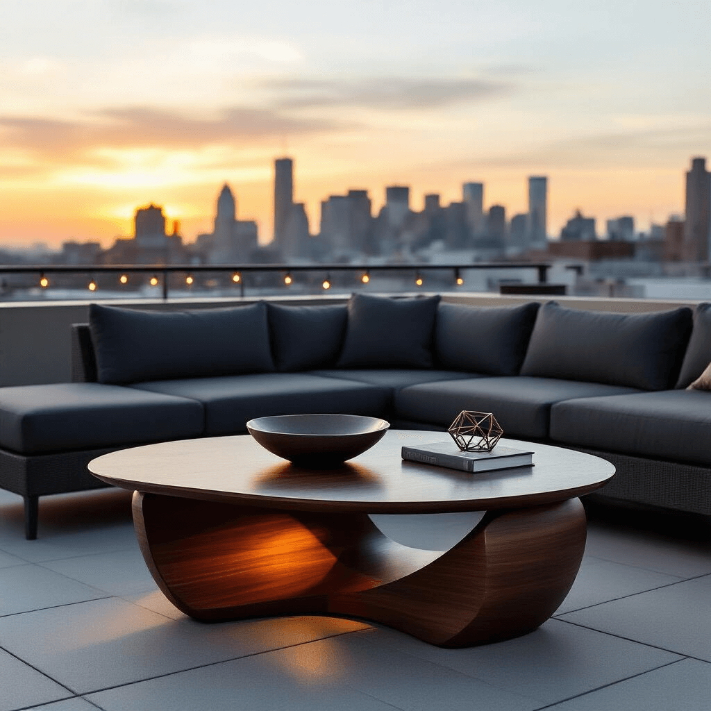 Why Your Living Room Needs a Mid-Century Modern Coffee Table (And How to Choose One That Actually Works) Dramatic rooftop terrace with a kidney-bean shaped walnut coffee table against a charcoal grey sectional, sunset lighting casting shadows, urban skyline in the background, and styled with a ceramic bowl, coffee table book, and geometric metal accent.
