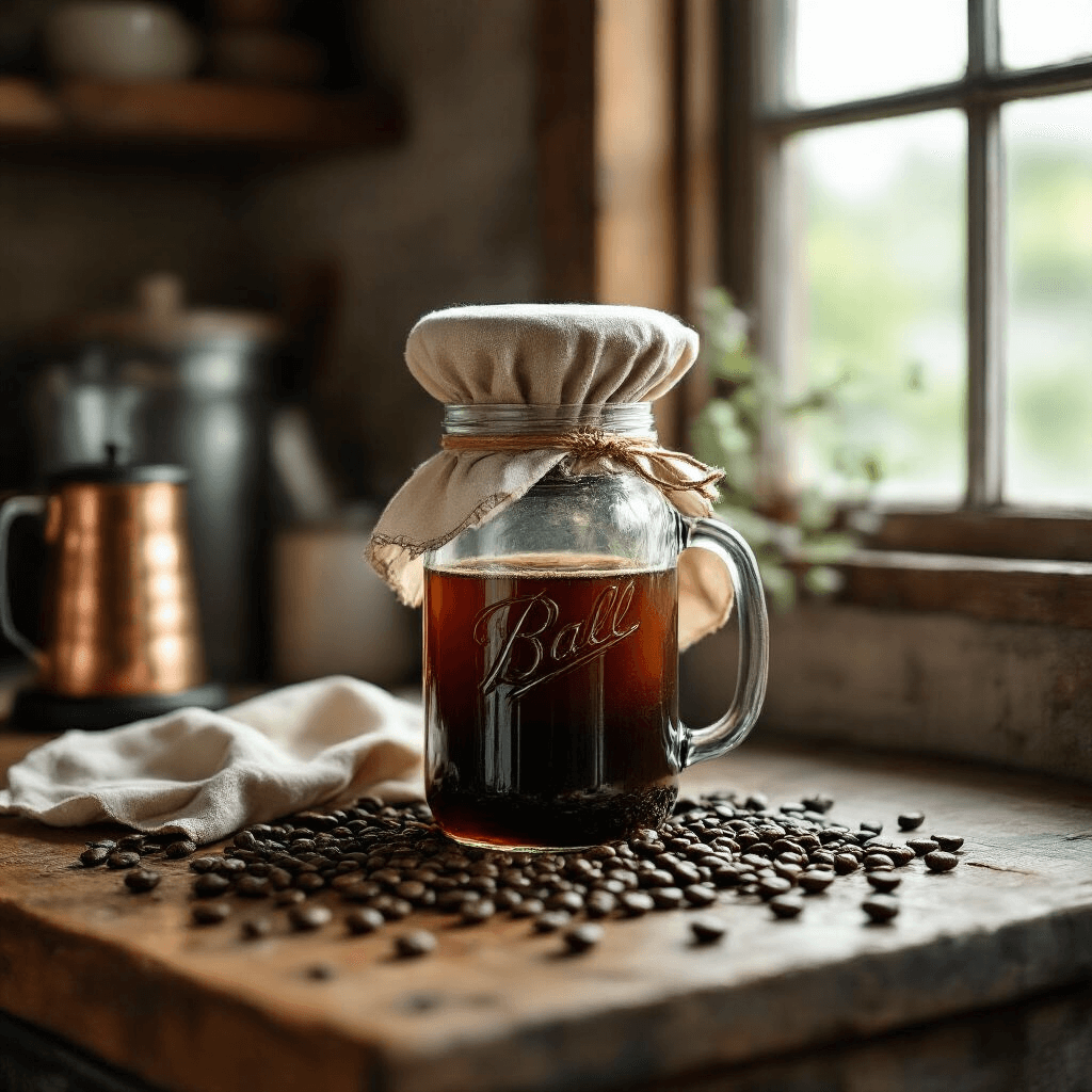 The Ultimate Guide to No Plastic Coffee Makers: Brewing Pure, Chemical-Free Coffee at Home A large glass mason jar filled with cold brew coffee, elegantly draped with an organic cotton coffee sock filter, sits on a rustic wooden surface adorned with scattered coffee beans. Soft natural light filters in from a nearby window, enhancing the serene morning atmosphere with muted earth tones, while condensation clings to the glass. A copper-toned French press subtly hints at the curated coffee preparation space in the background.