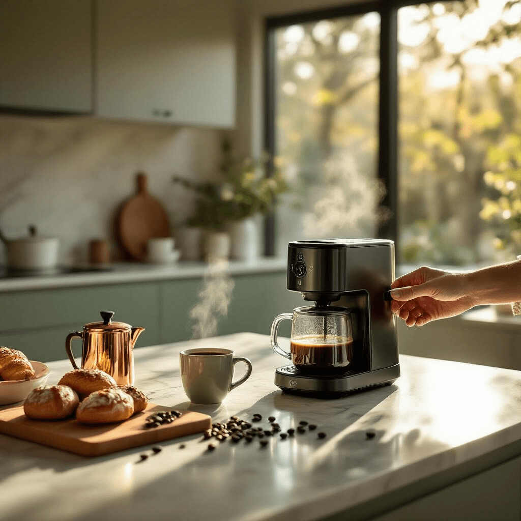 Why Your Perfect Coffee Morning Starts with the Right 4-Cup Coffee Maker A sun-drenched modern kitchen with a sleek coffee maker on a marble countertop, featuring a hand reaching for a steaming ceramic mug, artisan pastries on a wooden cutting board, and coffee beans scattered nearby, all illuminated by warm morning light through large windows.