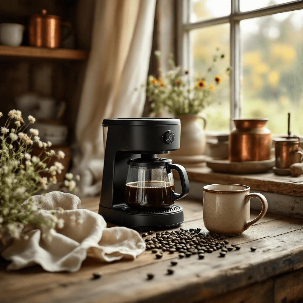 Why Your Perfect Coffee Morning Starts with the Right 4-Cup Coffee Maker A cozy farmhouse kitchen scene featuring a 4-cup coffee maker, weathered wooden surfaces, and warm terracotta and cream tones. Soft morning light filters through sheer curtains, illuminating whole coffee beans and a hand-thrown ceramic mug. Rustic shelves display copper accessories and dried herbs, while a well-worn wooden table holds fresh wildflowers, enhancing the intimate coffee preparation moment.