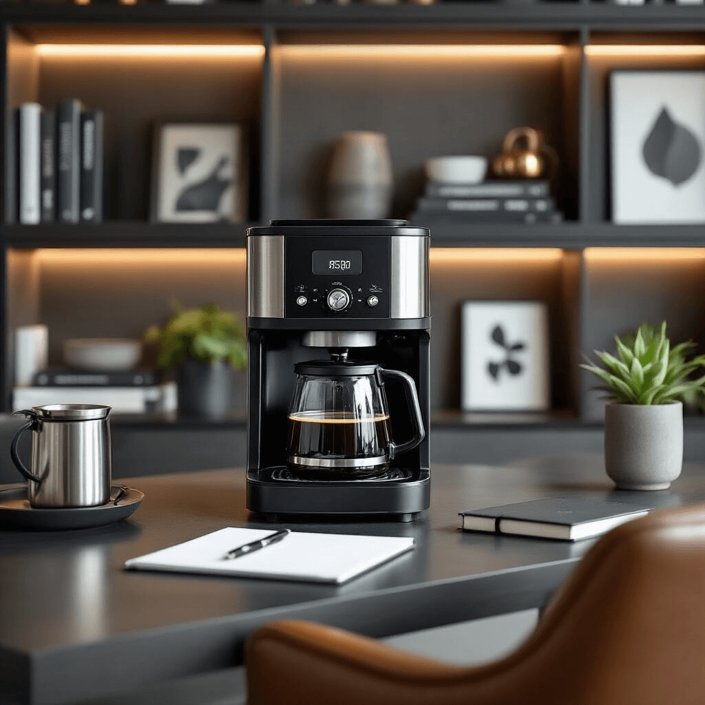 Why Your Perfect Coffee Morning Starts with the Right 4-Cup Coffee Maker A stylish home office coffee station featuring a premium 4-cup coffee maker, surrounded by matte black surfaces, brushed metal accents, architectural bookshelves, minimalist art prints, and a leather chair, illuminated by soft ambient lighting for a sophisticated workspace ambiance.