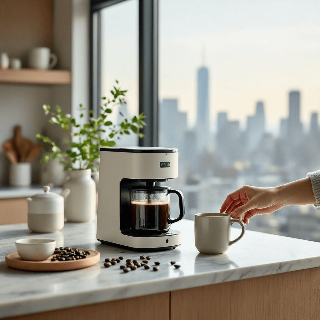 Why Your Perfect Coffee Morning Starts with the Right 4-Cup Coffee Maker An urban morning scene featuring a compact 4-cup coffee maker on a marble kitchen island, large windows showcasing a city skyline. Scandinavian design elements include light wood surfaces, matte white ceramics, and subtle greenery. A hand pours coffee into a ceramic mug, with scattered coffee beans and a modern pour-over setup, all in a neutral color palette of whites, grays, and warm wood tones.