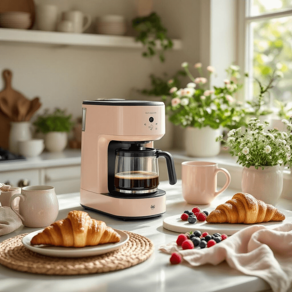 Why Your Perfect Coffee Morning Starts with the Right 4-Cup Coffee Maker A bright kitchen scene featuring a high-end coffee maker, soft blush and cream tones, woven placemats, ceramic vessels, and linen dish towels, with freshly baked croissants, scattered berries, potted herbs, and fresh-cut flowers, all illuminated by natural light for a serene morning coffee experience.