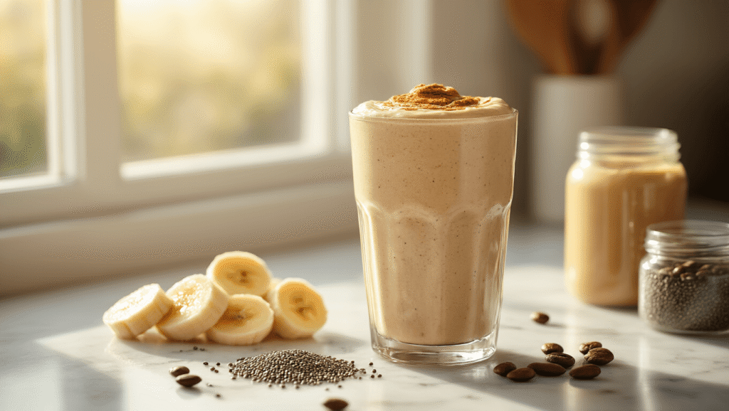 Almond Butter Coffee Smoothie Recipe Cinematic close-up of a creamy almond butter coffee smoothie in a tall glass on a marble countertop, with condensation droplets, a swirl of cinnamon, scattered chia seeds, and artfully arranged banana chunks and coffee beans, bathed in warm morning light.