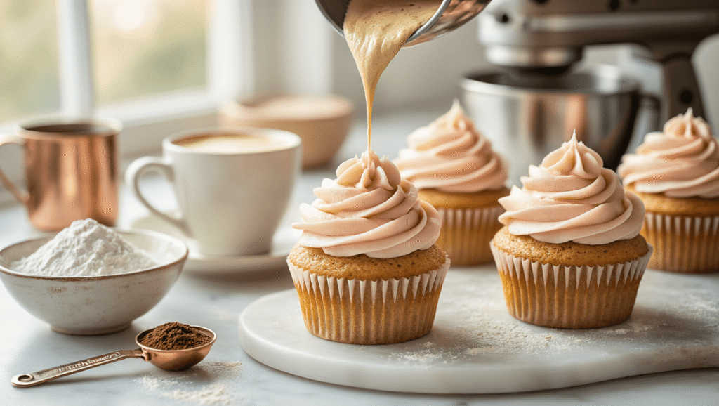 Cappuccino Cupcakes: Coffee Shop Perfection in Every Bite Close-up of cappuccino cupcakes with golden espresso batter and rose-tinted buttercream frosting, steaming espresso cup, measuring spoons with instant coffee, and vintage bowl of powdered sugar on a white marble surface, bathed in soft morning light, with a stand mixer and copper kitchen tools in the background.