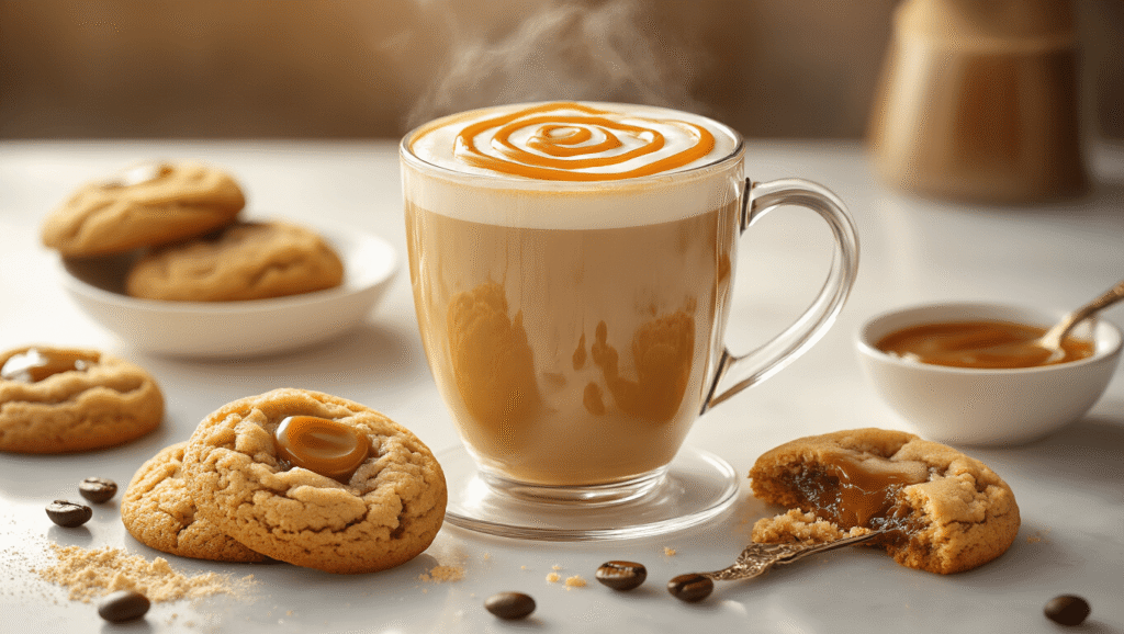 Caramel Cookie Coffee: The Ultimate Indulgent Treat Cinematic overhead shot of golden caramel cookie coffee in an elegant glass mug with caramel drizzle, accompanied by salted caramel cookies on a white marble surface, warm amber lighting, and scattered coffee beans.