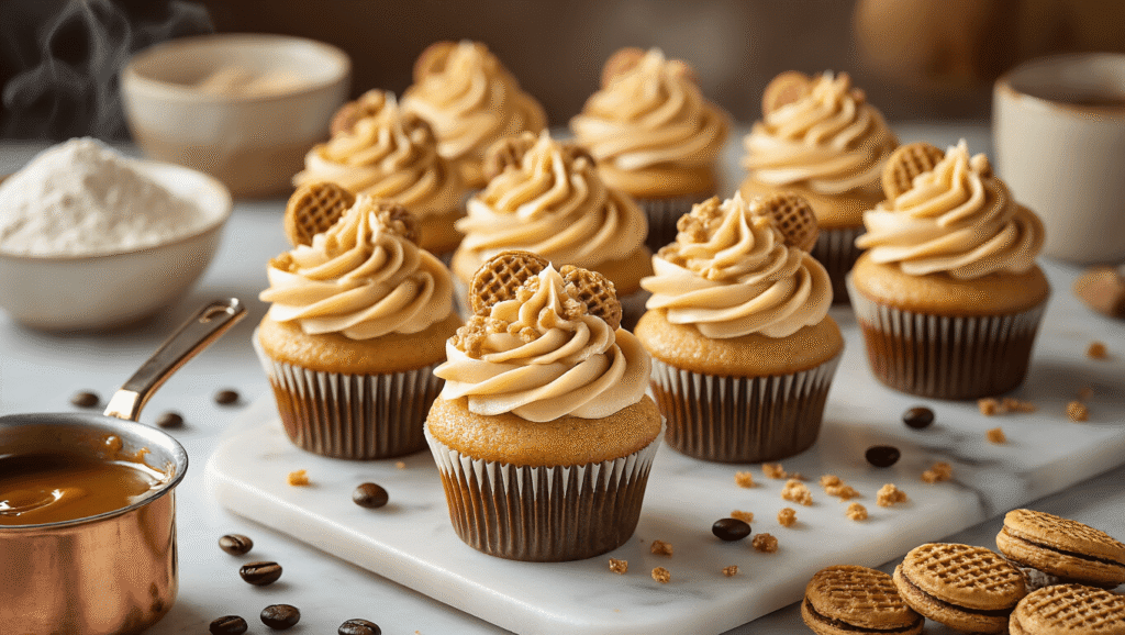 Caramel Latte Cupcakes: The Ultimate Coffee-Lover's Dessert Cinematic overhead shot of twelve artisan caramel latte cupcakes with coffee buttercream, topped with caramel drizzle and toffee bits, on a white marble countertop bathed in warm golden hour light, featuring a copper saucepan with molten caramel, espresso beans, and vanilla pods in a soft focus background of flour dust and mixing bowls.