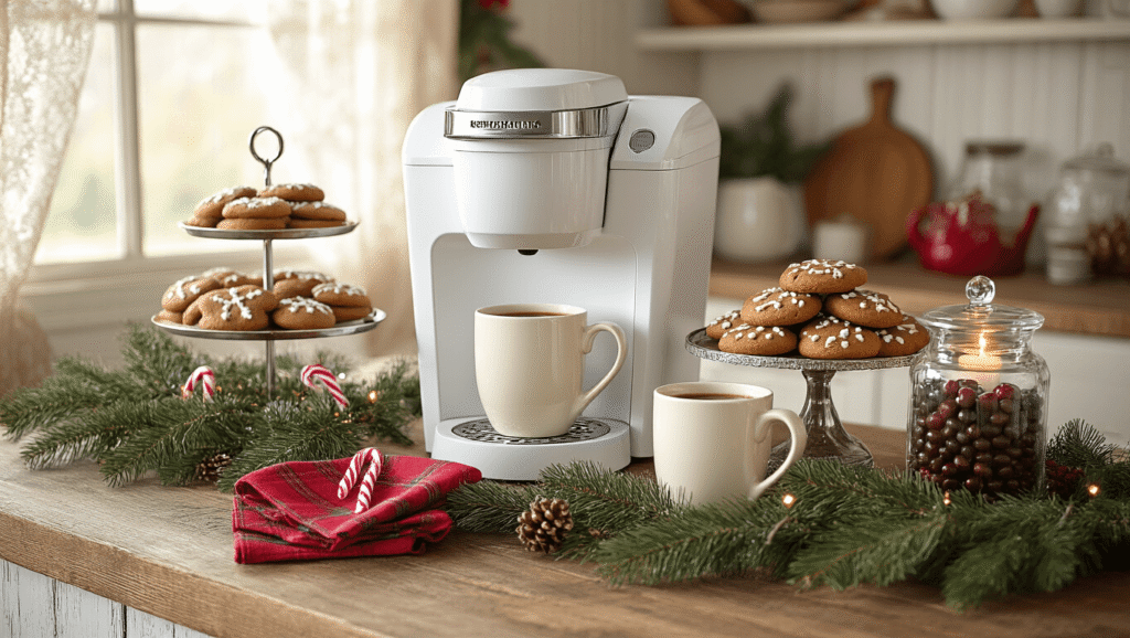 How I Set Up a Christmas Coffee Bar That Actually Wows Guests Elegant Christmas coffee bar on a rustic kitchen island, featuring a white Keurig, cream ceramic mugs with red plaid napkins, gingerbread cookies on a silver stand, fresh pine garland, and warm morning light through lace curtains.