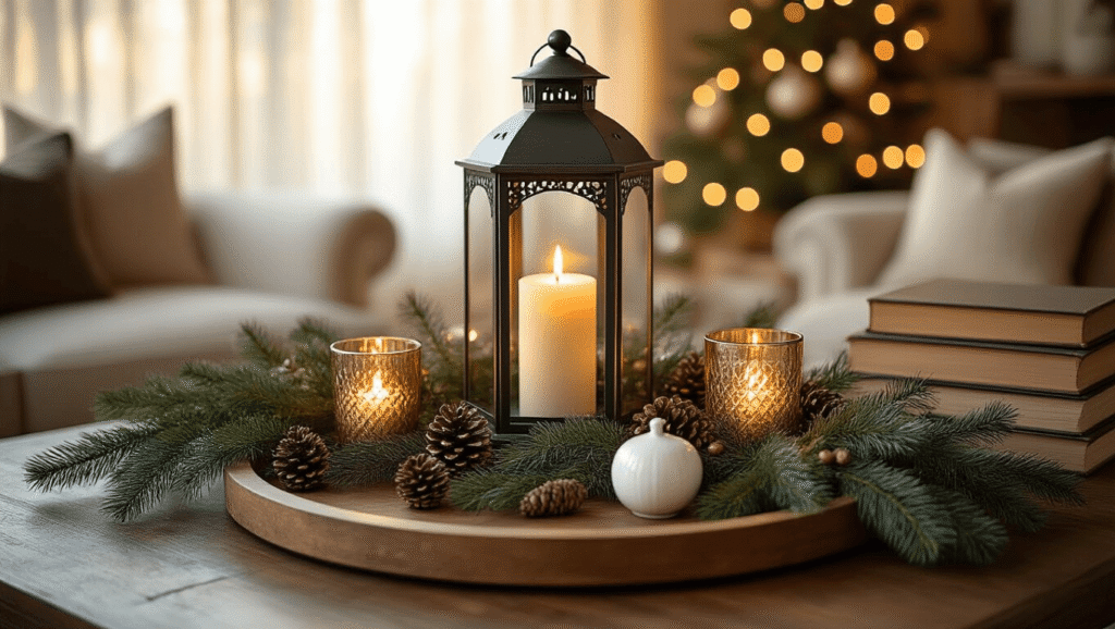 How to Transform Your Coffee Table into a Christmas Wonderland Without Losing Your Mind Cinematic overhead shot of an elegantly styled Christmas coffee table featuring a wooden tray, hurricane lantern, faux pine garland, and various decorative elements in a warm, cozy farmhouse aesthetic.
