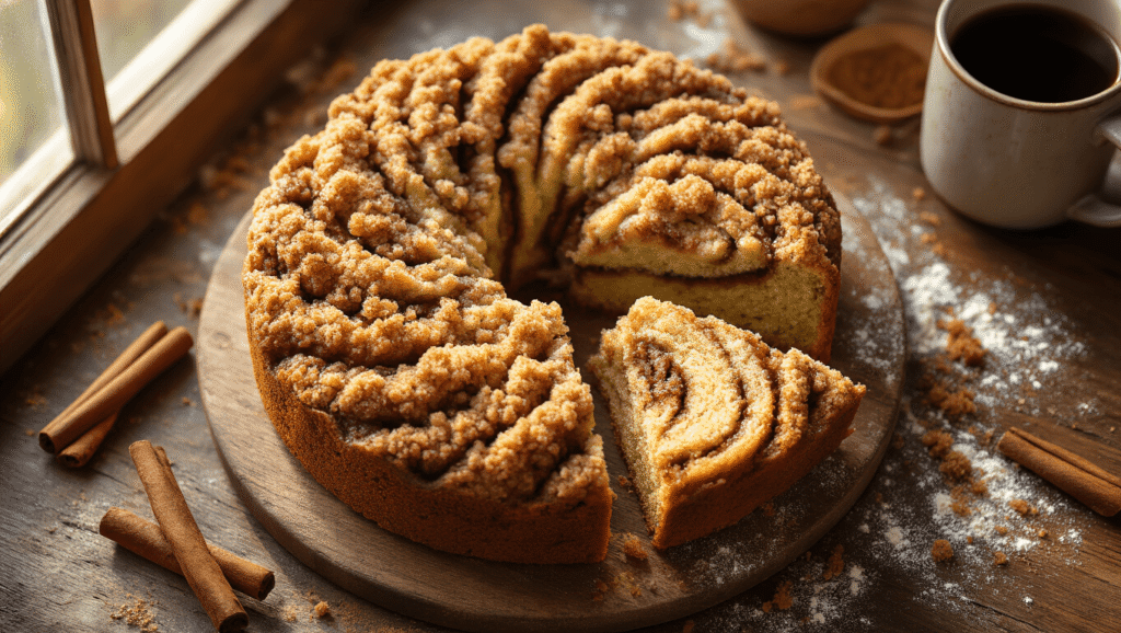 Cinnamon Swirl Coffee Cake: Your New Weekend Breakfast Obsession Cinematic overhead shot of a freshly baked cinnamon swirl coffee cake on a rustic wooden cutting board, featuring a golden-brown crumb topping and one slice cut to reveal its moist interior with cinnamon ribbons, warm morning light creating soft shadows, with scattered cinnamon sticks and brown sugar crystals alongside a steaming coffee mug, capturing a cozy kitchen atmosphere with rustic charm.
