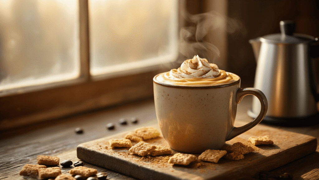 Cinnamon Toast Coffee: A Nostalgic Breakfast Drink That'll Make Your Mornings Epic Cinematic close-up of cinnamon toast coffee in a ceramic mug with swirling golden espresso crema and silky cereal-infused milk, topped with whipped cream and ground cinnamon, alongside scattered Cinnamon Toast Crunch pieces on a rustic wooden surface, bathed in warm amber morning light with soft steam rising, creating a cozy breakfast ambiance.