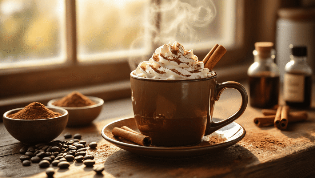 Cocoa Cinnamon Coffee Cinematic close-up of a steaming mug of cocoa cinnamon coffee topped with whipped cream and cinnamon, surrounded by scattered coffee beans, cocoa powder, cinnamon sticks, and vanilla extract on a rustic wooden counter, illuminated by warm morning sunlight.