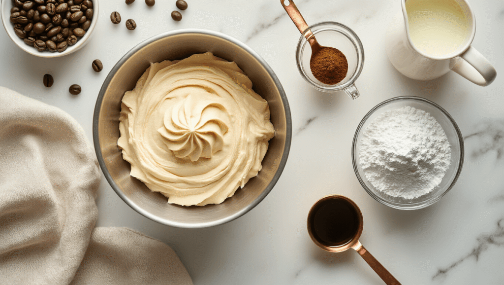 Coffee Buttercream Frosting That Actually Tastes Like Coffee Cinematic overhead view of a marble kitchen countertop showcasing coffee buttercream ingredients: a stainless steel mixing bowl, whipped butter in a ceramic dish, powdered sugar in a glass measuring cup, a copper spoon with instant espresso, a vanilla extract bottle, and a heavy cream pitcher, all illuminated by soft morning light, with scattered coffee beans enhancing the scene.