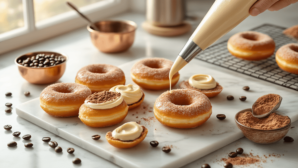 Coffee Donuts Recipe: Fluffy, Caffeinated, and Worth Every Minute Cinematic overhead shot of golden-brown coffee cream-filled donuts on a white marble countertop, with coffee filling being piped, scattered coffee beans and granules, warm morning light, copper bowls of sugar coating, and soft shadows in a professional kitchen setting.