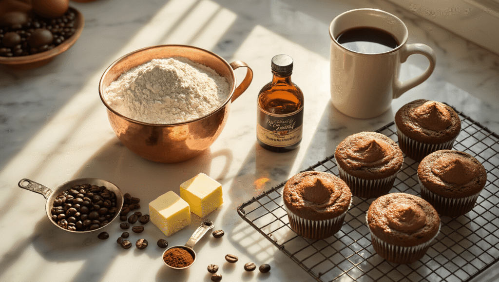 Coffee Cupcakes with Espresso Frosting: The Ultimate Caffeine-Loaded Treat Cinematic overhead shot of a marble kitchen counter with coffee cupcake ingredients including flour in a copper bowl, butter, dark roasted coffee in a vintage mug, instant espresso powder, fresh eggs, and vanilla extract, illuminated by warm golden hour lighting, with antique measuring spoons and a wire cooling rack framing the scene.