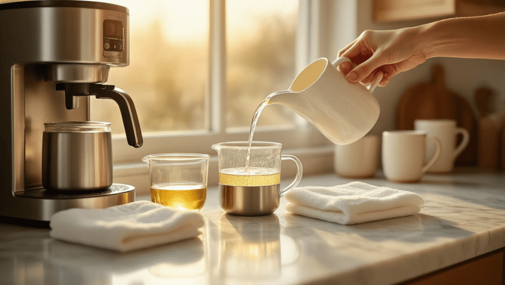 How to Clean Your Coffee Maker with Vinegar: A Comprehensive Guide Cinematic close-up of hands pouring white vinegar into a sleek coffee maker on a marble countertop, with warm golden hour light, measuring cups of vinegar, microfiber cloths, and a cozy kitchen ambiance in soft focus.