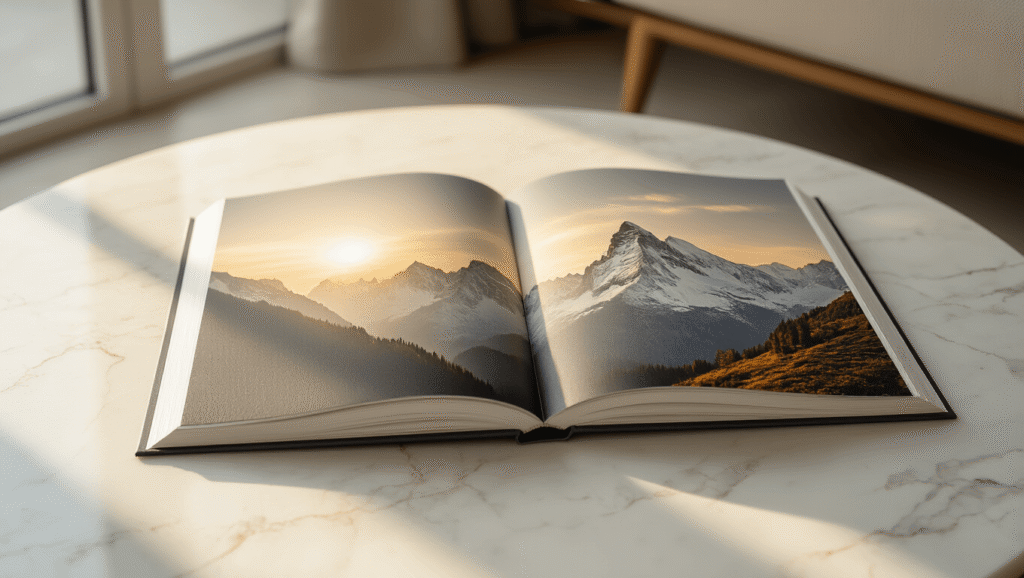Coffee Table Book Layout: How to Design Pages That People Actually Want to Flip Through Close-up of an open coffee table book on a marble surface, showcasing an alpine landscape photo with elegant typography, cream textured paper, and soft natural lighting, emphasizing luxury and craftsmanship.