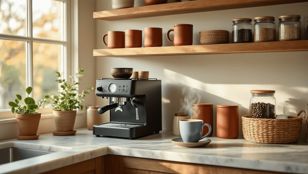 Creating a small coffee bar A cozy small kitchen coffee station bathed in warm morning light, featuring a matte black espresso machine on a marble countertop, ceramic containers in terracotta and cream, artisan dusty blue mugs, and a steaming coffee cup, with floating wood shelves and a small potted plant, evoking a rustic farmhouse aesthetic.