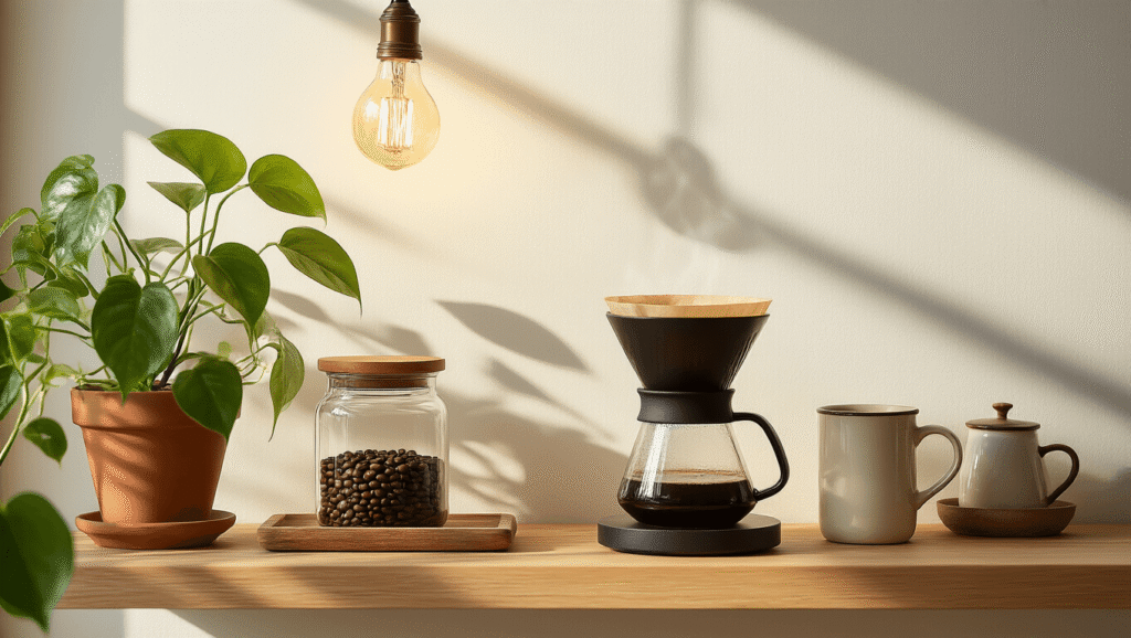 Coffee Corner Ideas for Small Spaces: Transform Your Tiny Nook Into a Perfect Brew Station A cozy minimalist coffee corner bathed in warm morning light, featuring a matte black pour-over coffee maker, a glass canister of coffee beans, a cream ceramic mug, and a trailing pothos plant, all accented by a golden glow from an Edison bulb pendant and rustic textures.