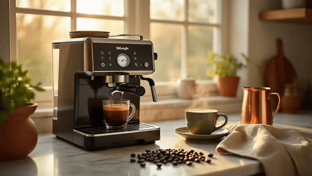 The Real Deal on De'Longhi Coffee Makers: What You Actually Need to Know A De'Longhi Magnifica S Smart coffee machine sits on a marble countertop bathed in warm morning light, next to a ceramic cup of espresso with crema, scattered coffee beans, a copper milk pitcher, and a linen tea towel, all enhancing a cozy breakfast atmosphere.