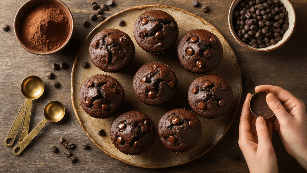 Double Chocolate Coffee Muffins That'll Wake Up Your Mornings Overhead view of double chocolate coffee muffins on a rustic wooden surface, surrounded by cocoa powder, espresso beans, and chocolate chips, with warm steam rising in soft morning light.