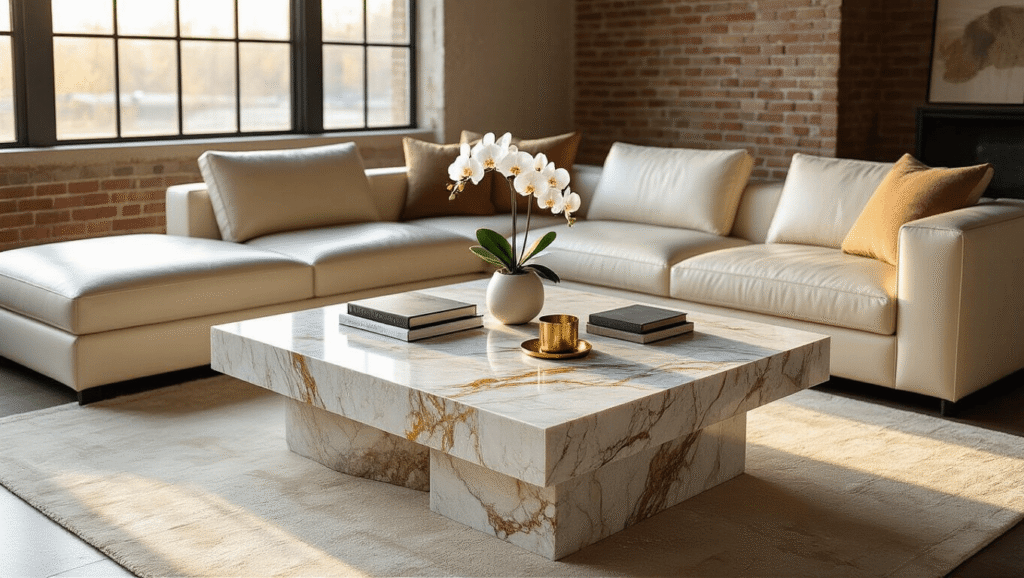 Stone Coffee Tables: Everything You Need to Know Before Buying One Elegant living room with a luxurious marble coffee table, warm golden hour lighting, and stylish decor, including a white orchid and brass accents.
