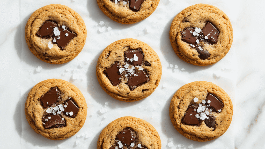 Espresso Cookies: The Bold, Caffeinated Treat That Actually Tastes Like Coffee Overhead view of warm espresso cookies with chocolate chunks and sea salt on a marble surface, exuding artisanal appeal with soft shadows and steam rising.