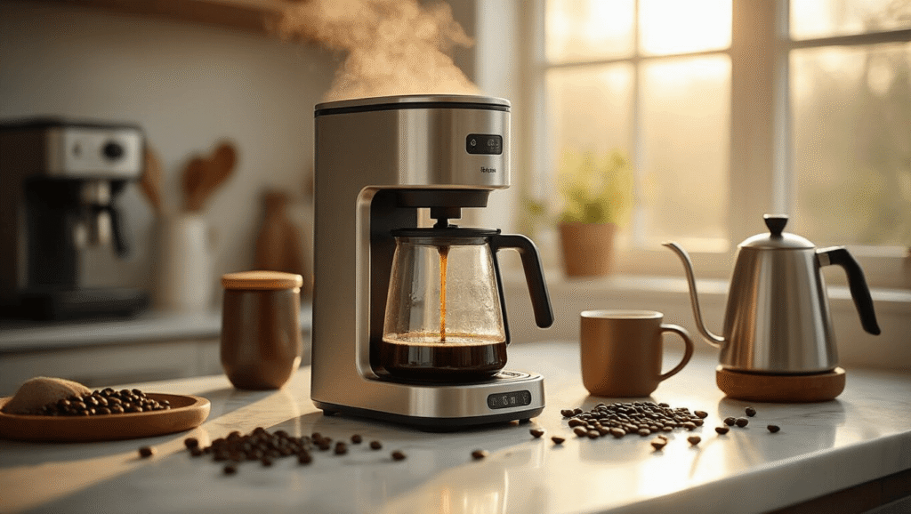 The Fellow Aiden Changed How I Think About Automatic Coffee Makers Cinematic close-up of a Fellow Aiden coffee maker on a white marble countertop, with steam rising from a thermal carafe, scattered coffee beans, a precision scale, and a gooseneck kettle, all bathed in warm morning light to create an inviting coffee brewing atmosphere.